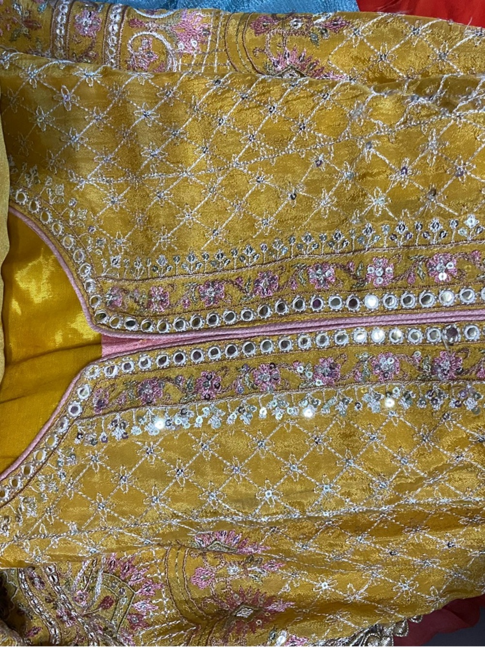 Mustard Yellow Embroidered Women’s Three Piece Frock Sharara Set NWOT Size L(40) - Picture 4 of 4